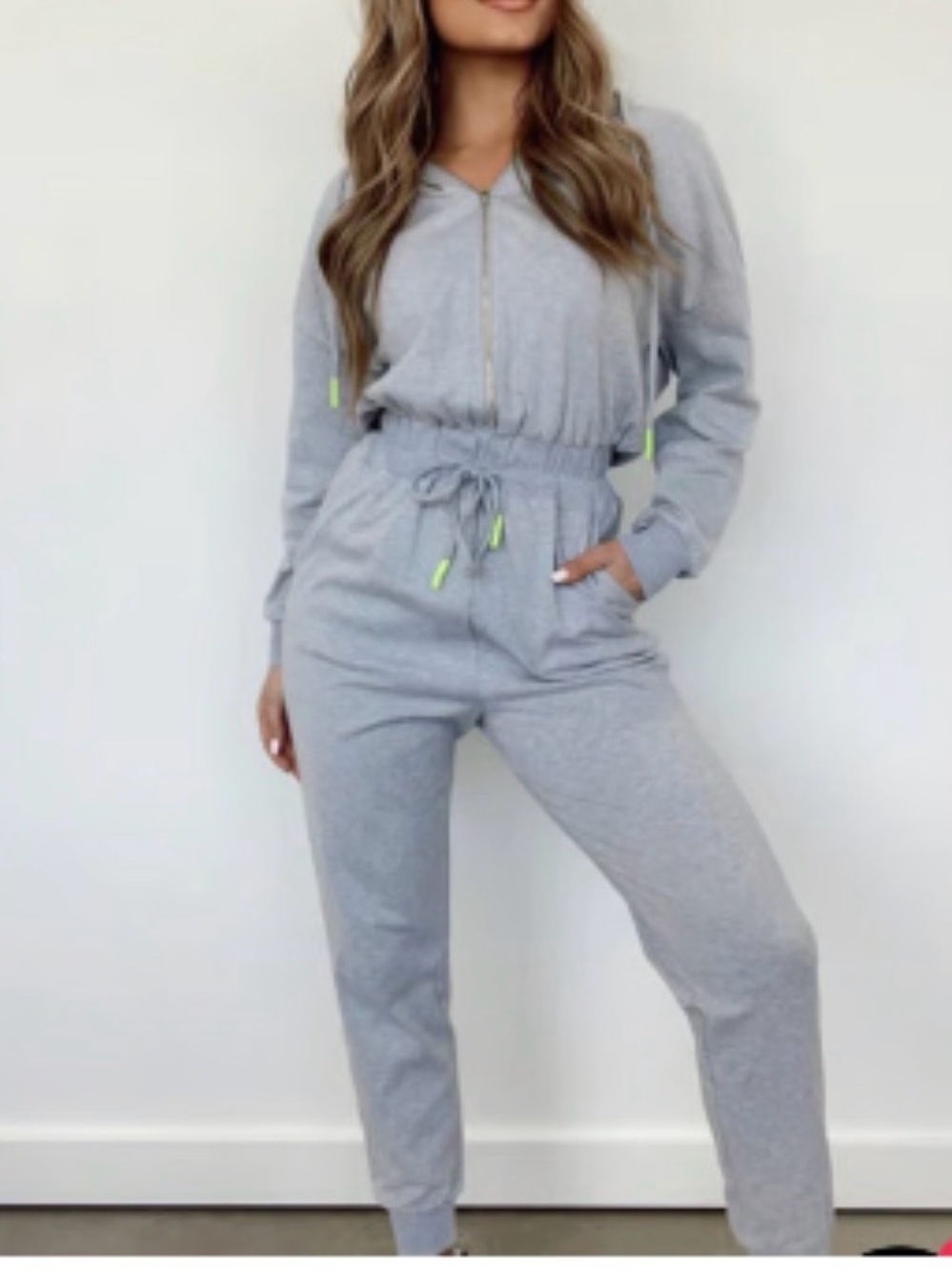 Gray Hooded Jumpsuit with Drawstring Waist
